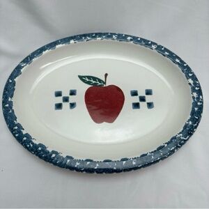 Vintage Chaparral Pottery Stoneware Blue Rim Oval Serving Platter Apples